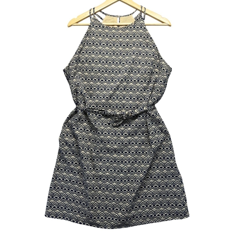 Banana Republic Halter Dress Large Navy Blue Tan‎ Geometric Diamond Lined